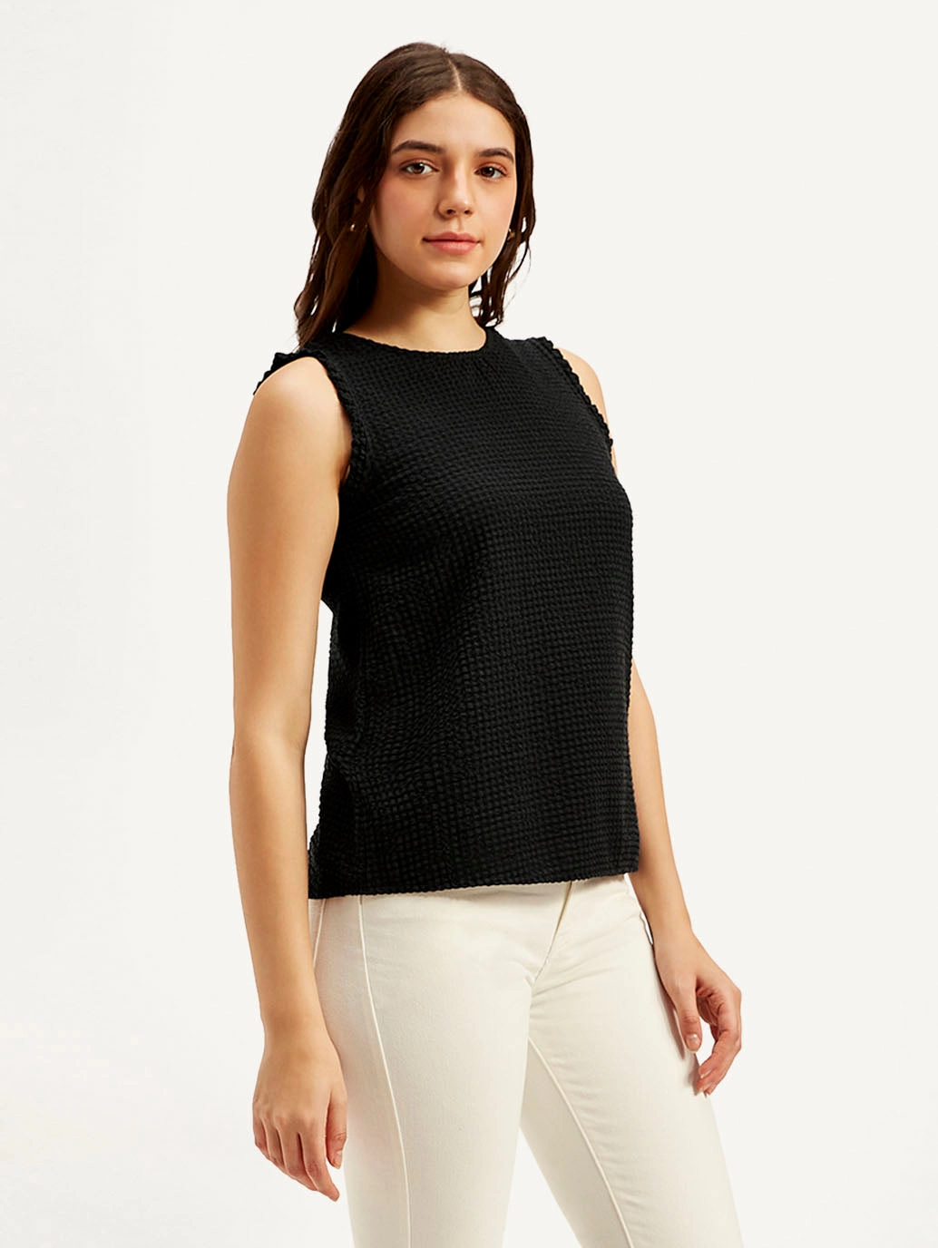 Women's Textured Black Round Neck Top