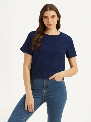 Women's Textured Navy Round Neck Top
