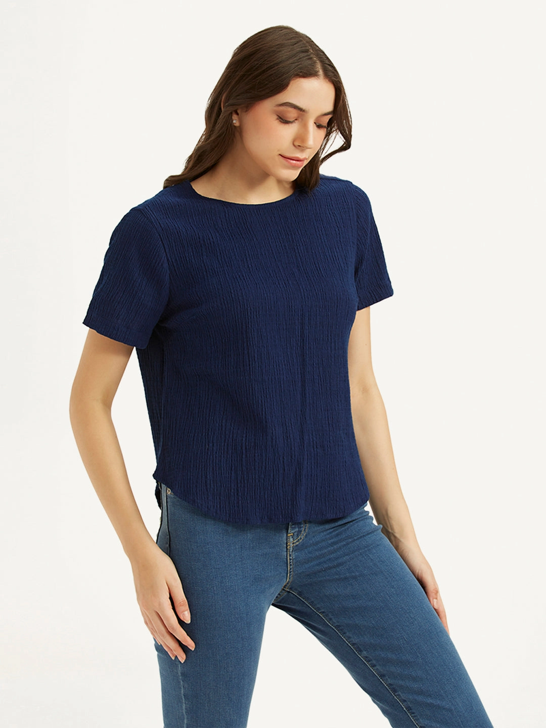 Women's Textured Navy Round Neck Top