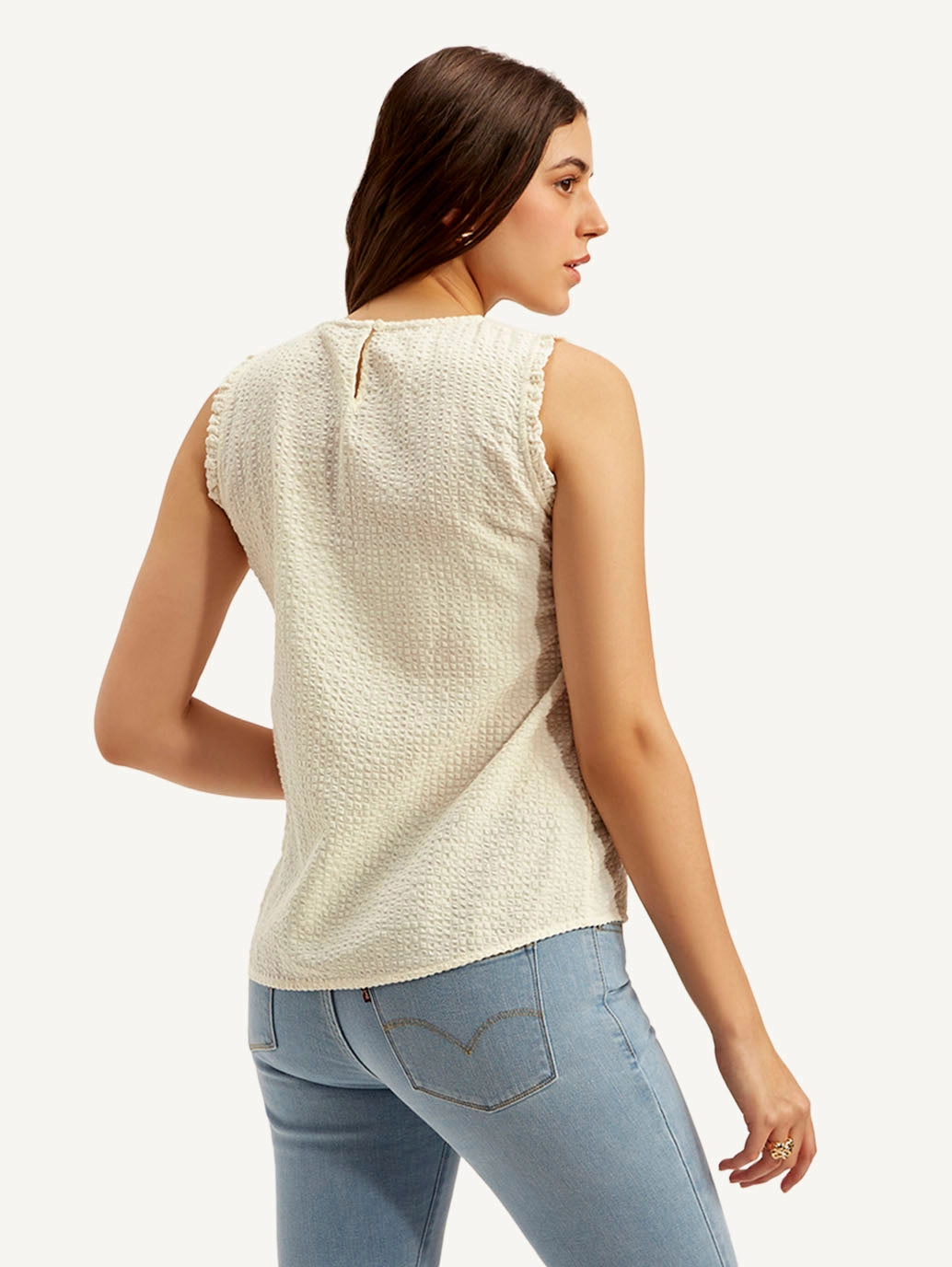Women's Textured White Round Neck Top