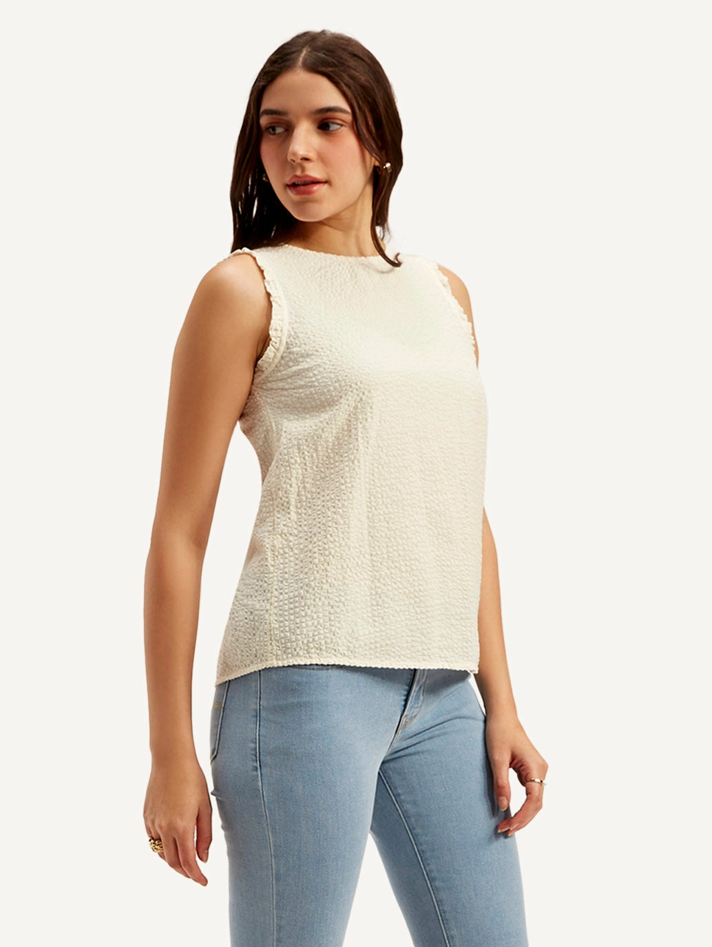 Women's Textured White Round Neck Top