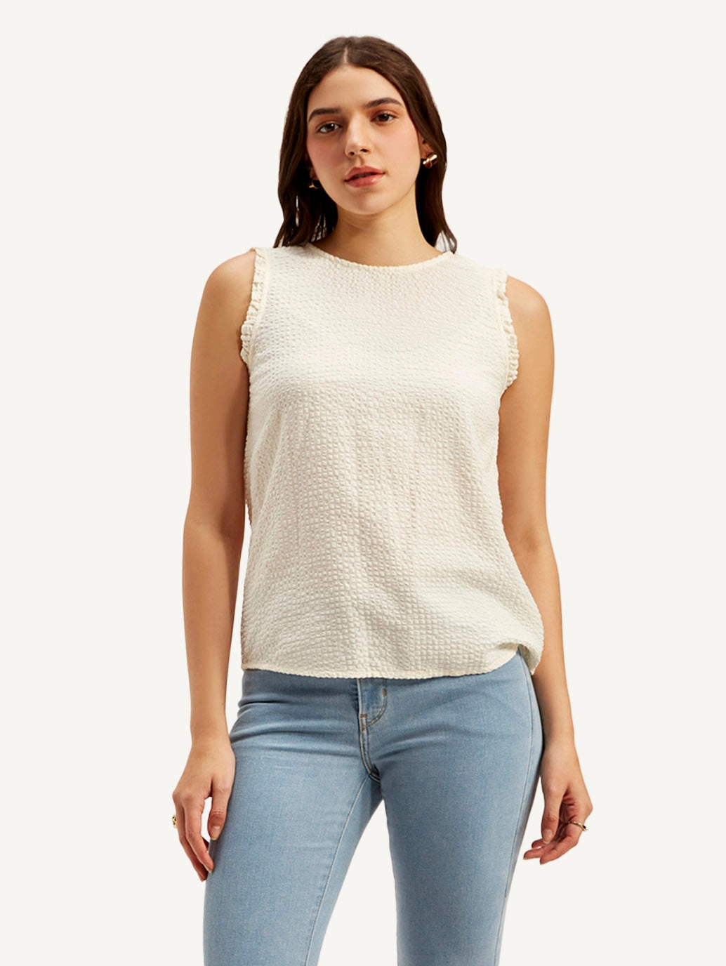 Women's Textured White Round Neck Top